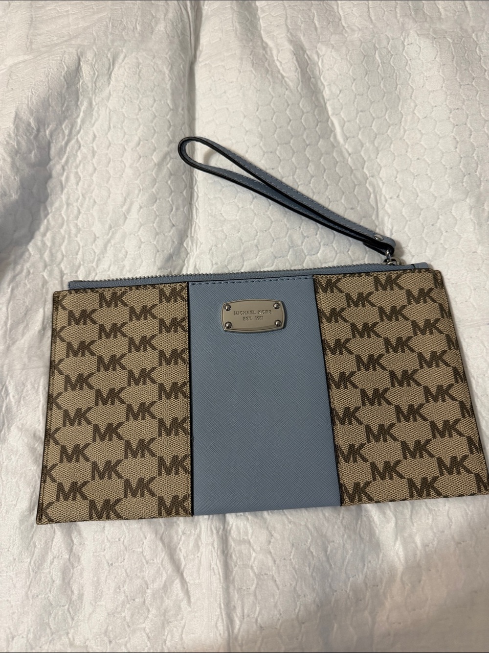 Michael Kors Blue and Brown MK Logo Wristlet Pouch